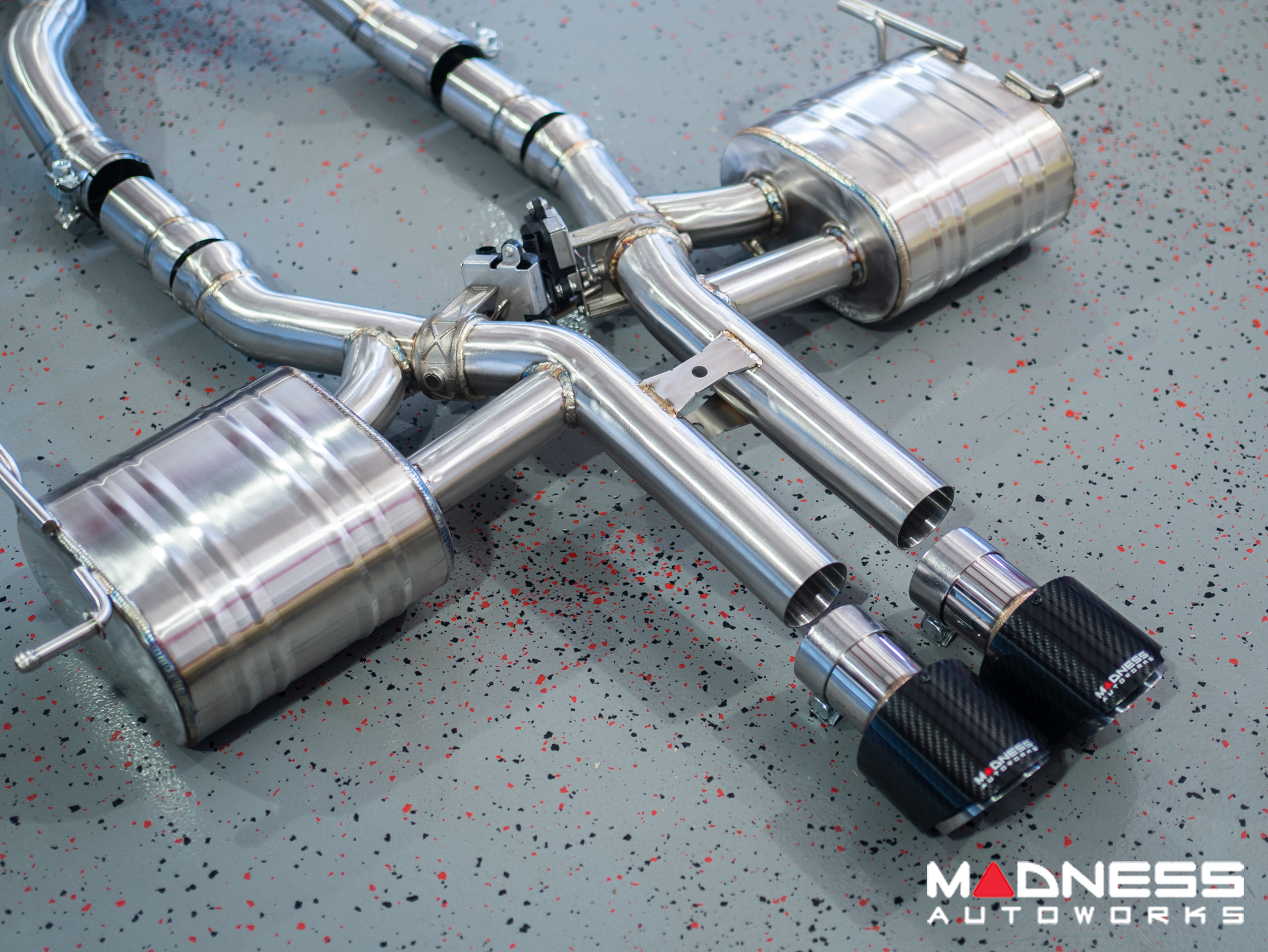 Jaguar F-TYPE Performance Exhaust System - MADNESS - 2.0L Turbo - Center Exit - Electronic Valve Design - Carbon Fiber Exhaust Tips